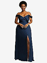 Front View Thumbnail - Midnight Navy Off-the-Shoulder Flounce Sleeve Empire Waist Gown with Front Slit
