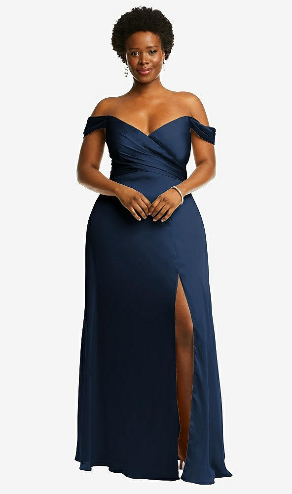 Front View - Midnight Navy Off-the-Shoulder Flounce Sleeve Empire Waist Gown with Front Slit