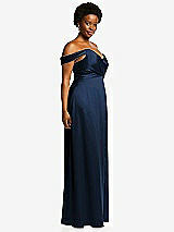 Side View Thumbnail - Midnight Navy Off-the-Shoulder Flounce Sleeve Empire Waist Gown with Front Slit