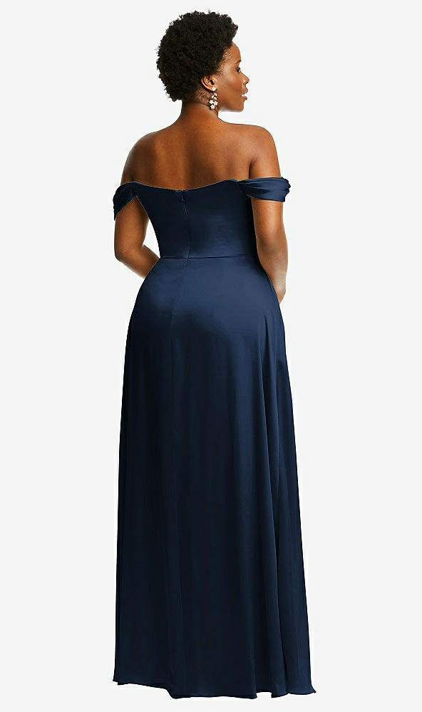 Back View - Midnight Navy Off-the-Shoulder Flounce Sleeve Empire Waist Gown with Front Slit