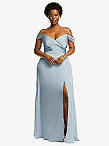Front View Thumbnail - Mist Off-the-Shoulder Flounce Sleeve Empire Waist Gown with Front Slit