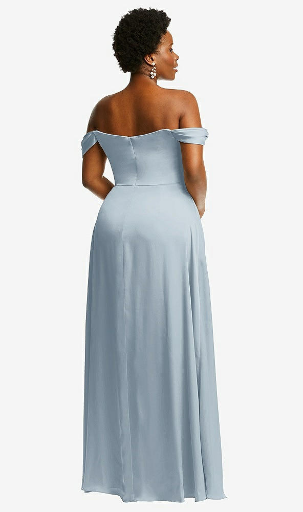 Back View - Mist Off-the-Shoulder Flounce Sleeve Empire Waist Gown with Front Slit