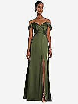 Alt View 1 Thumbnail - Olive Green Off-the-Shoulder Flounce Sleeve Empire Waist Gown with Front Slit