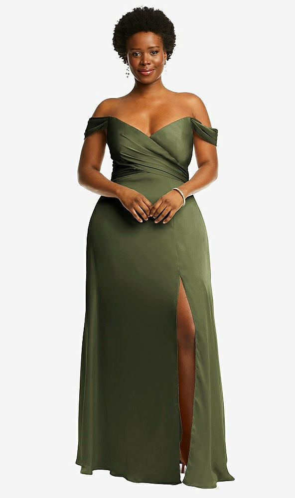 Front View - Olive Green Off-the-Shoulder Flounce Sleeve Empire Waist Gown with Front Slit