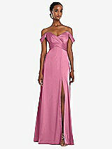 Alt View 1 Thumbnail - Orchid Pink Off-the-Shoulder Flounce Sleeve Empire Waist Gown with Front Slit