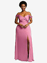 Front View Thumbnail - Orchid Pink Off-the-Shoulder Flounce Sleeve Empire Waist Gown with Front Slit