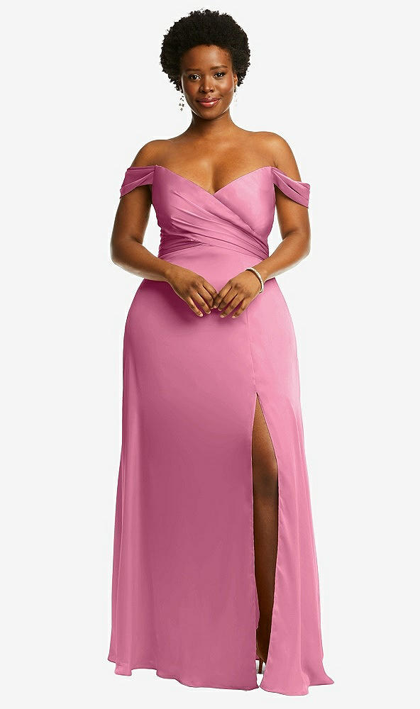 Front View - Orchid Pink Off-the-Shoulder Flounce Sleeve Empire Waist Gown with Front Slit