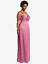 Side View Thumbnail - Orchid Pink Off-the-Shoulder Flounce Sleeve Empire Waist Gown with Front Slit