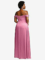 Rear View Thumbnail - Orchid Pink Off-the-Shoulder Flounce Sleeve Empire Waist Gown with Front Slit