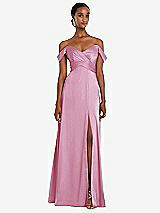 Alt View 1 Thumbnail - Powder Pink Off-the-Shoulder Flounce Sleeve Empire Waist Gown with Front Slit