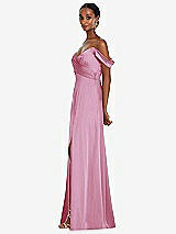Alt View 2 Thumbnail - Powder Pink Off-the-Shoulder Flounce Sleeve Empire Waist Gown with Front Slit