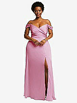 Front View Thumbnail - Powder Pink Off-the-Shoulder Flounce Sleeve Empire Waist Gown with Front Slit