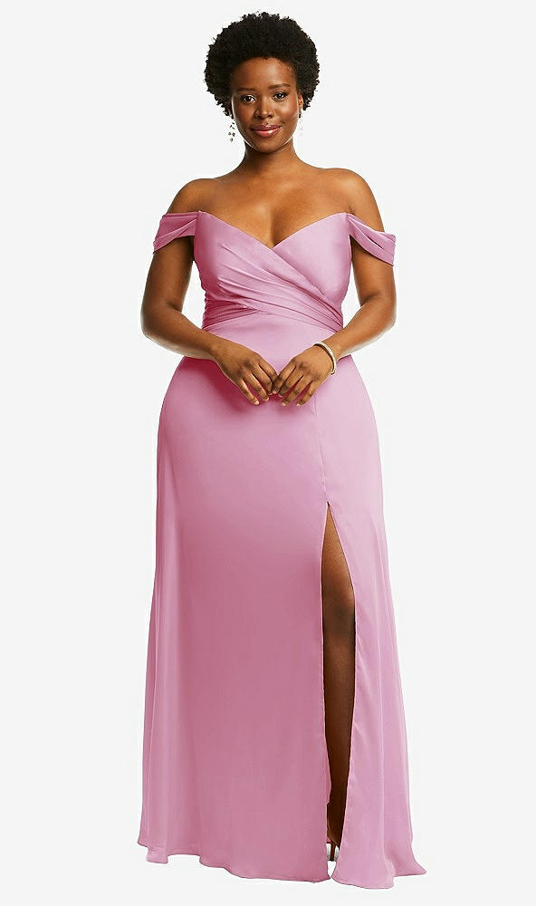 Front View - Powder Pink Off-the-Shoulder Flounce Sleeve Empire Waist Gown with Front Slit