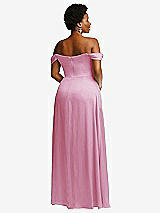 Rear View Thumbnail - Powder Pink Off-the-Shoulder Flounce Sleeve Empire Waist Gown with Front Slit