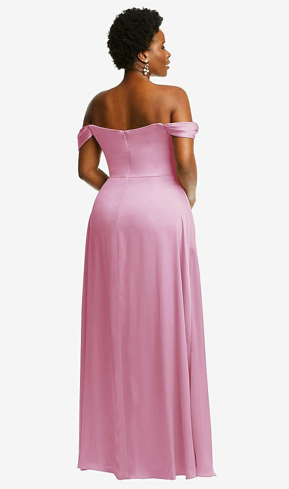 Back View - Powder Pink Off-the-Shoulder Flounce Sleeve Empire Waist Gown with Front Slit