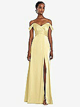 Alt View 1 Thumbnail - Pale Yellow Off-the-Shoulder Flounce Sleeve Empire Waist Gown with Front Slit