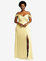 Front View Thumbnail - Pale Yellow Off-the-Shoulder Flounce Sleeve Empire Waist Gown with Front Slit