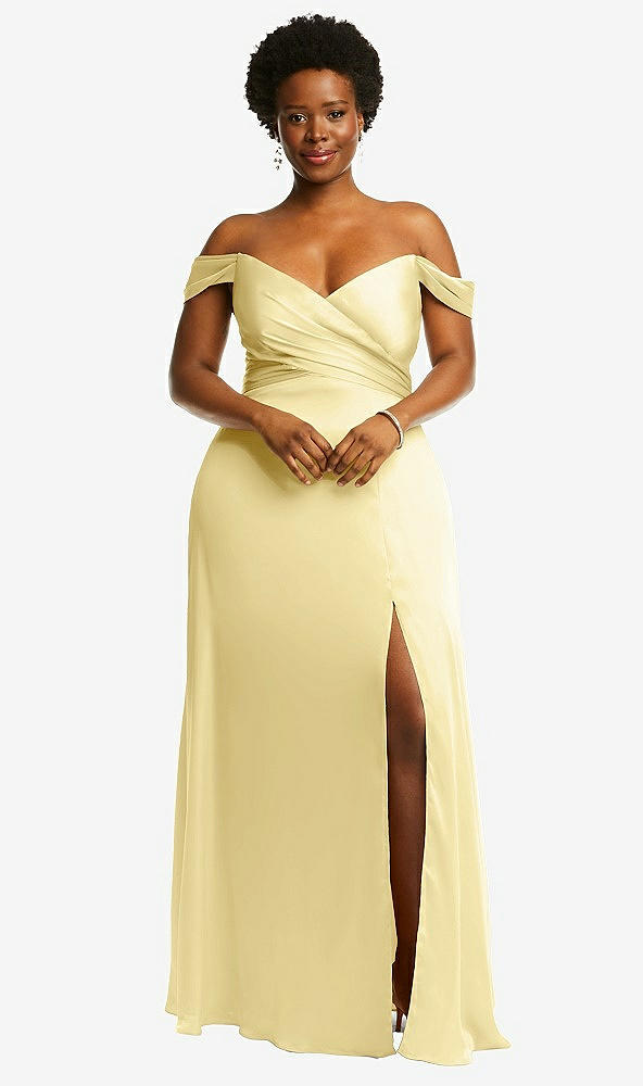 Front View - Pale Yellow Off-the-Shoulder Flounce Sleeve Empire Waist Gown with Front Slit