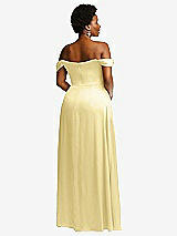 Rear View Thumbnail - Pale Yellow Off-the-Shoulder Flounce Sleeve Empire Waist Gown with Front Slit