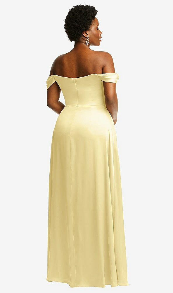 Back View - Pale Yellow Off-the-Shoulder Flounce Sleeve Empire Waist Gown with Front Slit