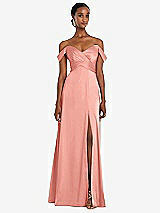 Alt View 1 Thumbnail - Rose - PANTONE Rose Quartz Off-the-Shoulder Flounce Sleeve Empire Waist Gown with Front Slit