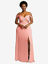 Front View Thumbnail - Rose - PANTONE Rose Quartz Off-the-Shoulder Flounce Sleeve Empire Waist Gown with Front Slit