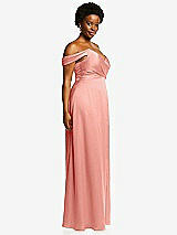 Side View Thumbnail - Rose - PANTONE Rose Quartz Off-the-Shoulder Flounce Sleeve Empire Waist Gown with Front Slit