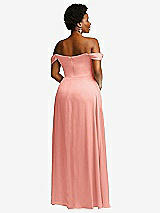Rear View Thumbnail - Rose - PANTONE Rose Quartz Off-the-Shoulder Flounce Sleeve Empire Waist Gown with Front Slit