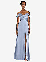 Alt View 1 Thumbnail - Sky Blue Off-the-Shoulder Flounce Sleeve Empire Waist Gown with Front Slit