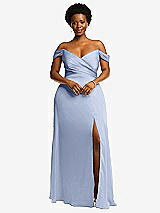 Front View Thumbnail - Sky Blue Off-the-Shoulder Flounce Sleeve Empire Waist Gown with Front Slit