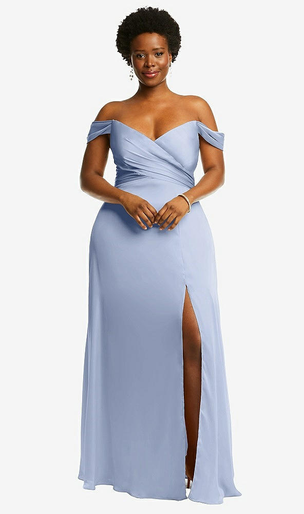 Front View - Sky Blue Off-the-Shoulder Flounce Sleeve Empire Waist Gown with Front Slit