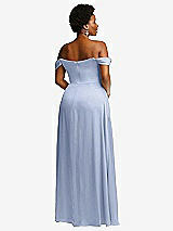 Rear View Thumbnail - Sky Blue Off-the-Shoulder Flounce Sleeve Empire Waist Gown with Front Slit