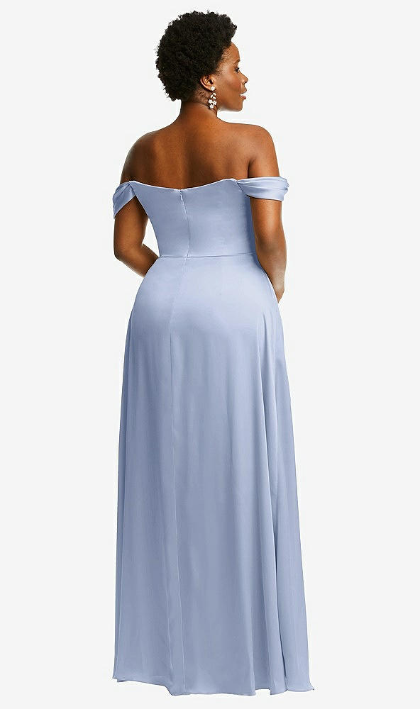 Back View - Sky Blue Off-the-Shoulder Flounce Sleeve Empire Waist Gown with Front Slit