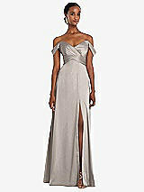 Alt View 1 Thumbnail - Taupe Off-the-Shoulder Flounce Sleeve Empire Waist Gown with Front Slit