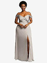 Front View Thumbnail - Taupe Off-the-Shoulder Flounce Sleeve Empire Waist Gown with Front Slit