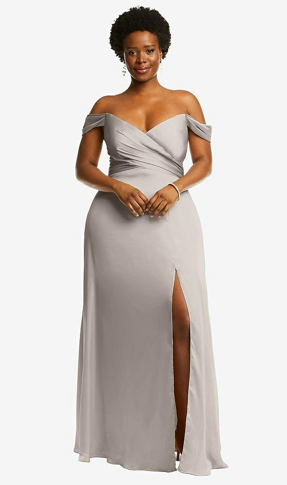 Front View - Taupe Off-the-Shoulder Flounce Sleeve Empire Waist Gown with Front Slit