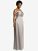 Side View Thumbnail - Taupe Off-the-Shoulder Flounce Sleeve Empire Waist Gown with Front Slit