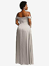 Rear View Thumbnail - Taupe Off-the-Shoulder Flounce Sleeve Empire Waist Gown with Front Slit