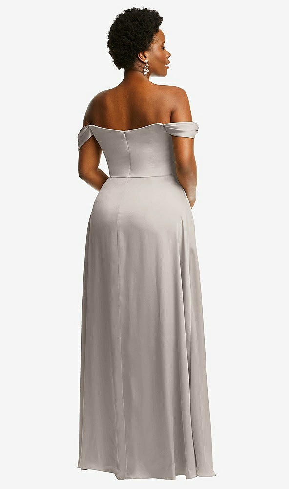 Back View - Taupe Off-the-Shoulder Flounce Sleeve Empire Waist Gown with Front Slit