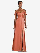 Alt View 1 Thumbnail - Terracotta Copper Off-the-Shoulder Flounce Sleeve Empire Waist Gown with Front Slit