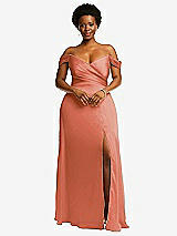 Front View Thumbnail - Terracotta Copper Off-the-Shoulder Flounce Sleeve Empire Waist Gown with Front Slit