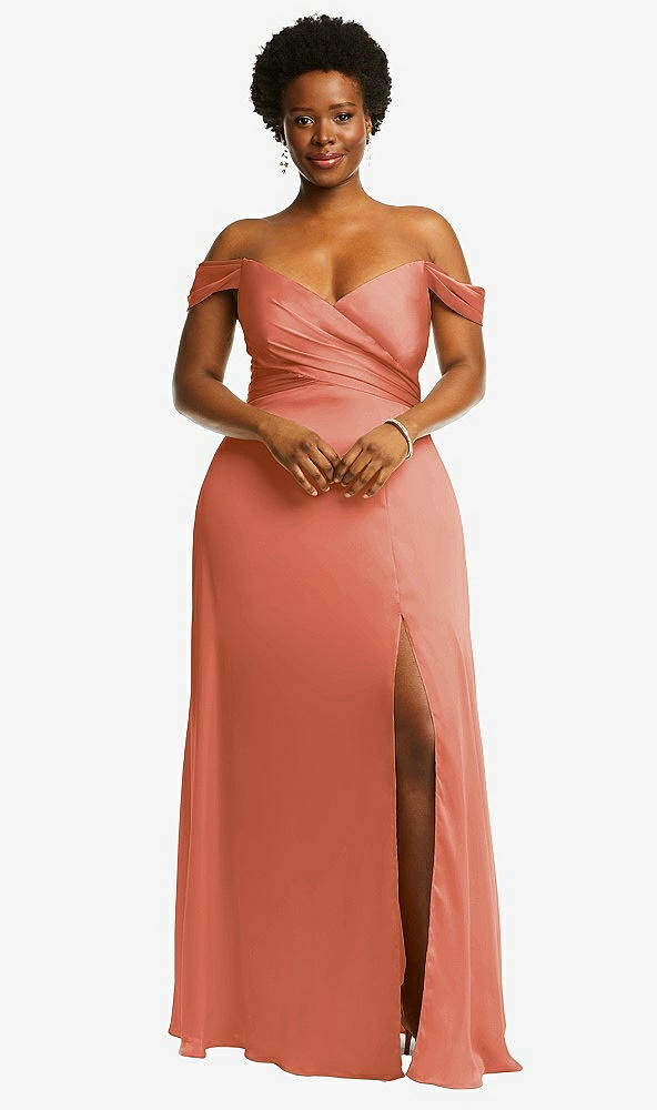Front View - Terracotta Copper Off-the-Shoulder Flounce Sleeve Empire Waist Gown with Front Slit