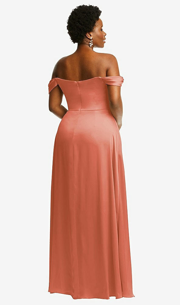 Back View - Terracotta Copper Off-the-Shoulder Flounce Sleeve Empire Waist Gown with Front Slit