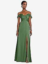 Alt View 1 Thumbnail - Vineyard Green Off-the-Shoulder Flounce Sleeve Empire Waist Gown with Front Slit