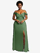 Front View Thumbnail - Vineyard Green Off-the-Shoulder Flounce Sleeve Empire Waist Gown with Front Slit