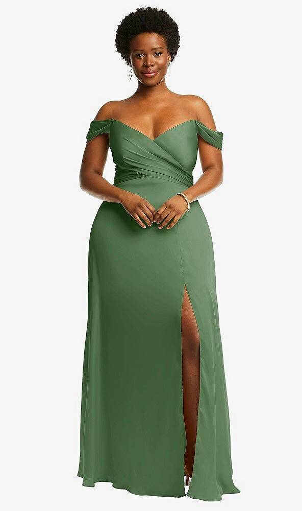 Front View - Vineyard Green Off-the-Shoulder Flounce Sleeve Empire Waist Gown with Front Slit