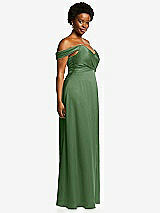 Side View Thumbnail - Vineyard Green Off-the-Shoulder Flounce Sleeve Empire Waist Gown with Front Slit