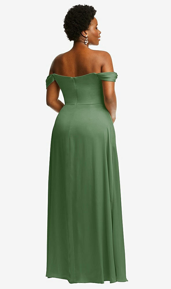 Back View - Vineyard Green Off-the-Shoulder Flounce Sleeve Empire Waist Gown with Front Slit