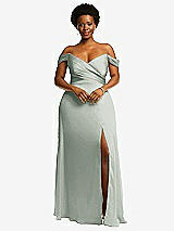 Front View Thumbnail - Willow Green Off-the-Shoulder Flounce Sleeve Empire Waist Gown with Front Slit