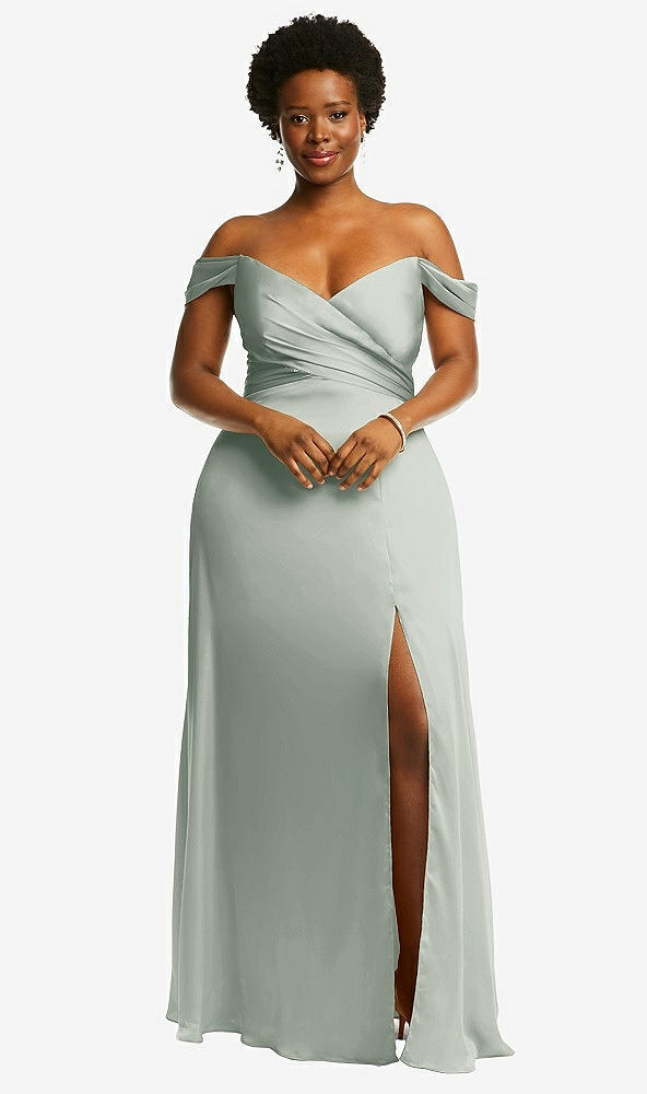 Front View - Willow Green Off-the-Shoulder Flounce Sleeve Empire Waist Gown with Front Slit